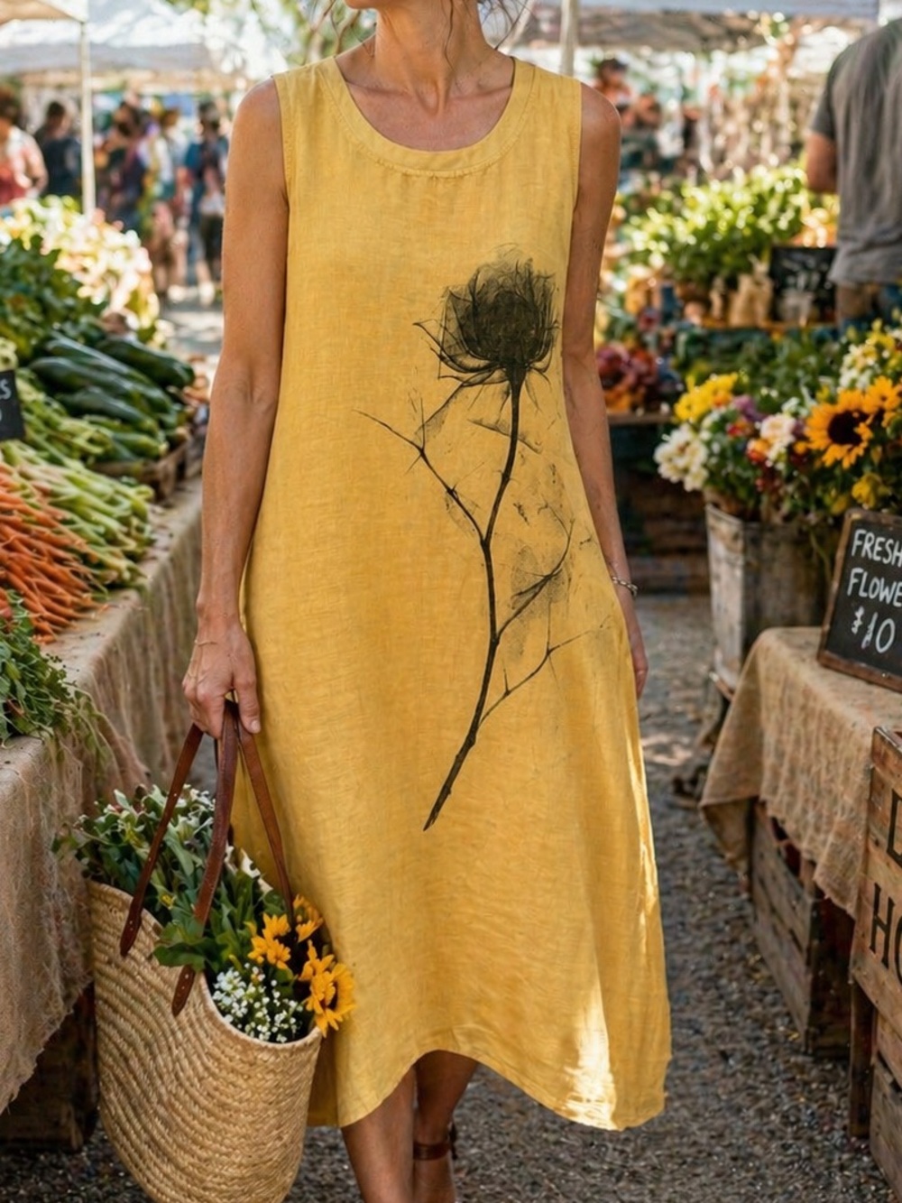 Sleeveless Yellow Linen Floral-Print Maxi Dress
